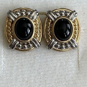Elegant Gold and Silver Earrings with Black Stone Clip On